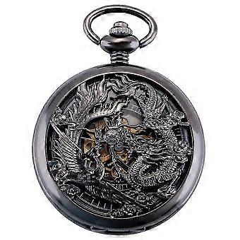 Retro Herren Dragon Phoenix Skeleton Taschenuhr mit Kette, Handaufzug, römischen Ziffern