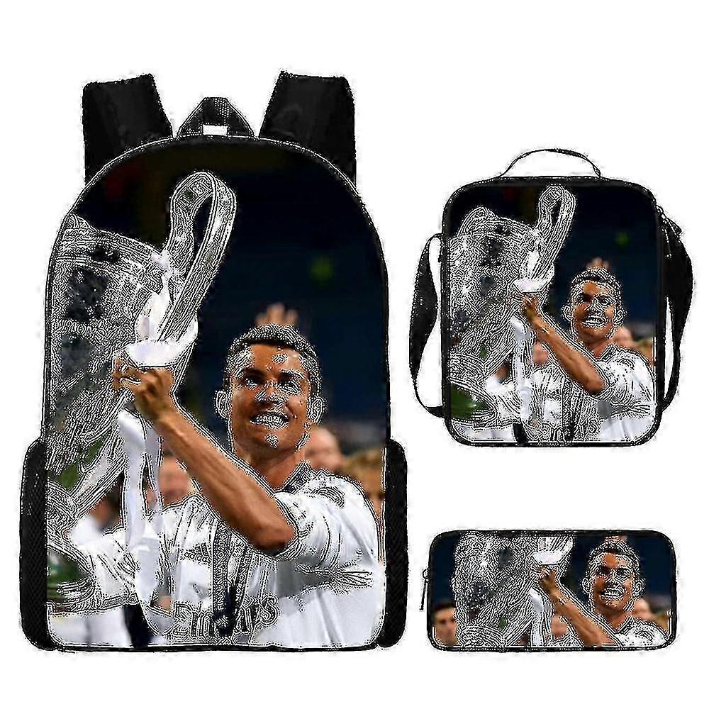 サッカースターロナウドバックパック印刷スリーピース子供用ランドセル小中学生バックパックランチバッグペンシルケース