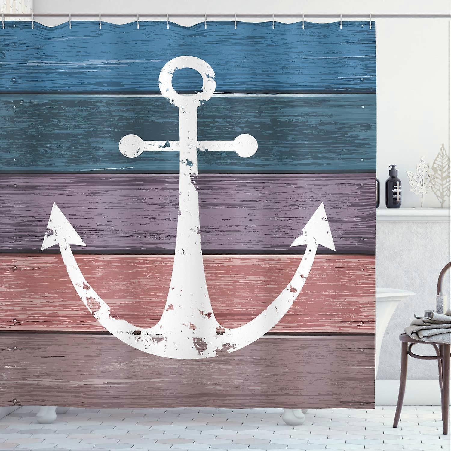 Anchor Shower Curtain Nautical Rustic Marine Symbol Print Wood Planks Cloth Bath Decor Set With Hooks 70-Inch Pink Blue