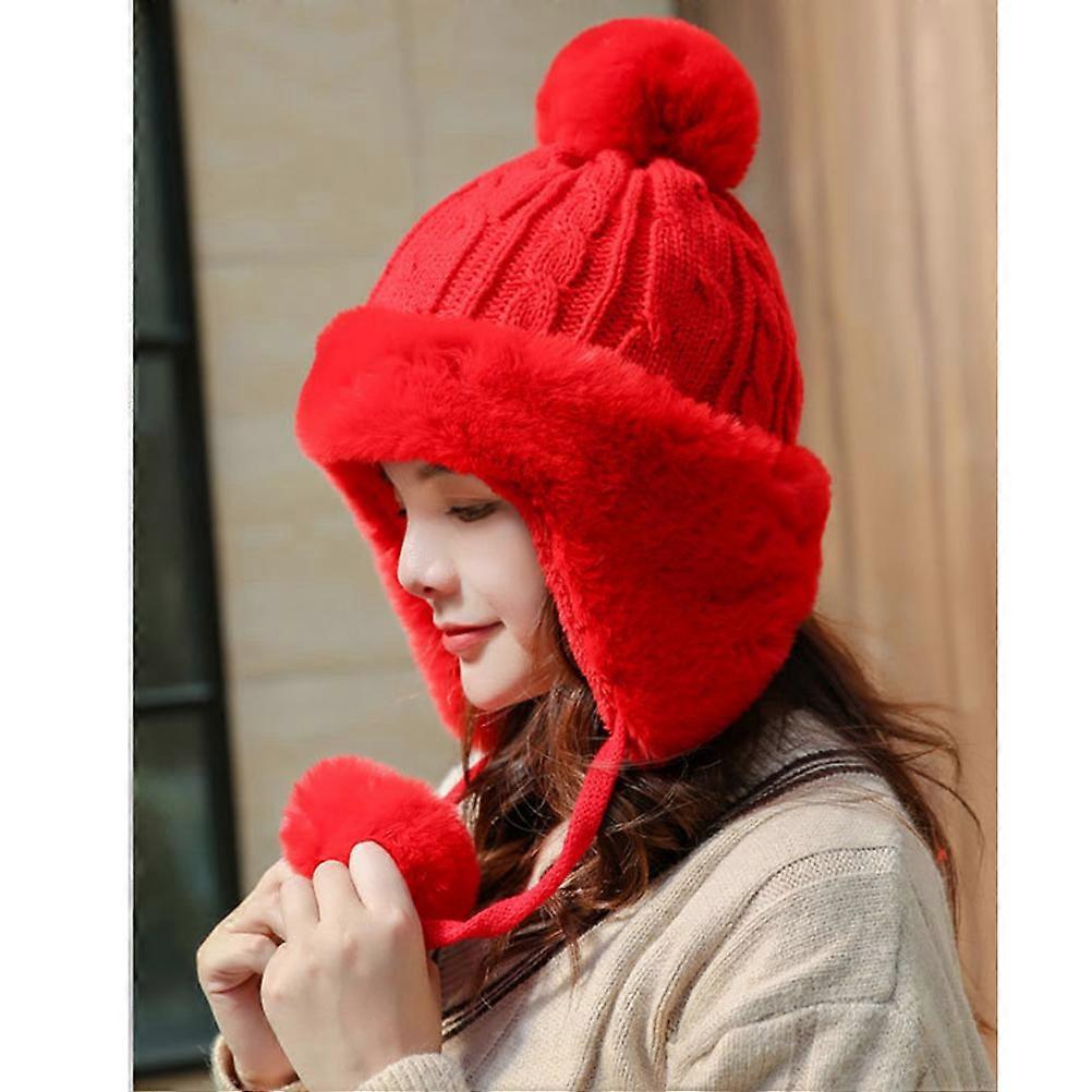 Winter Warm Cap for Adults Earmuff Plush Ball String Hat Knitted Hat Red
