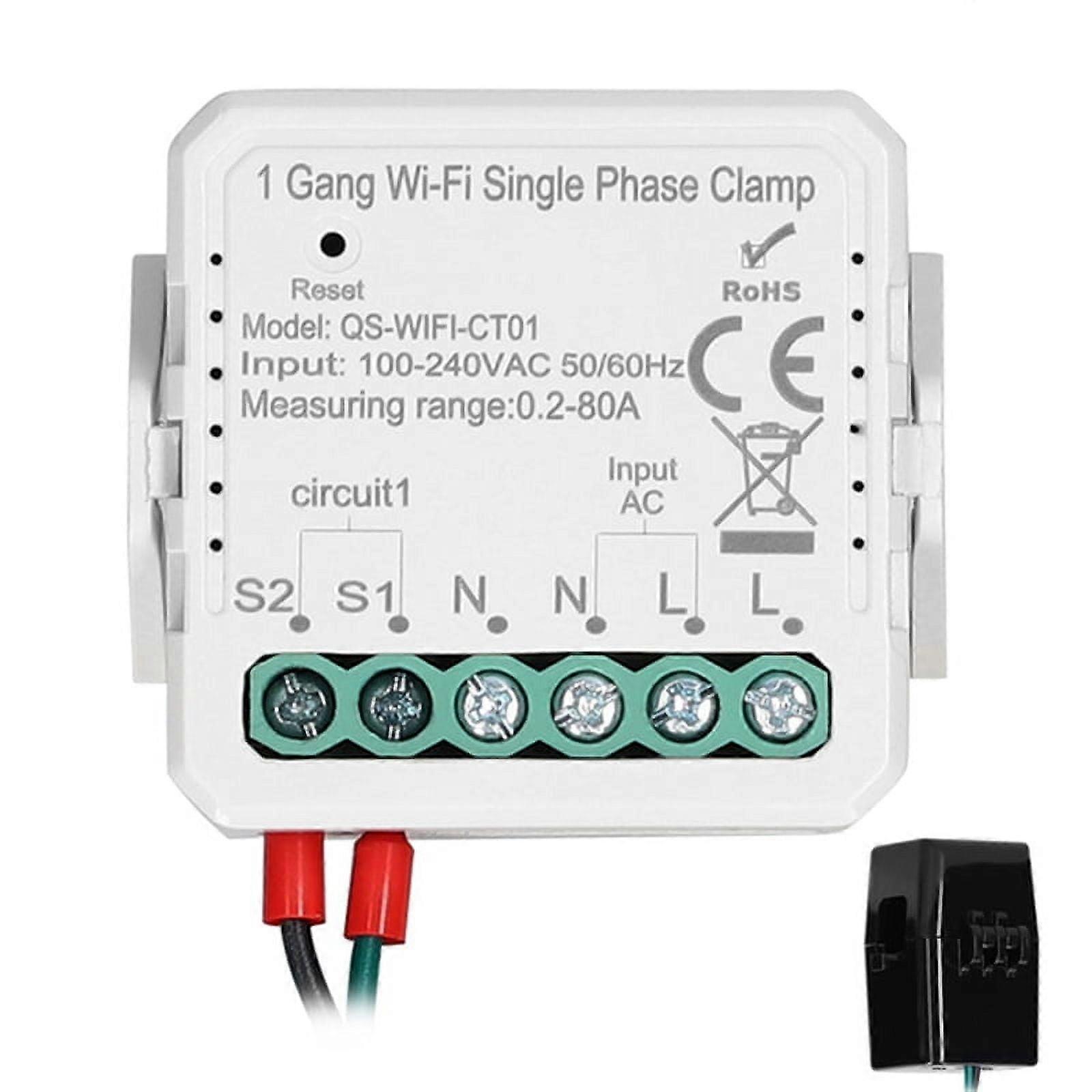 Tuya WiFi 80A Single Phase Clamp Solar PV Bidirectional Two Way Energy Meter APP Control,1 Gang