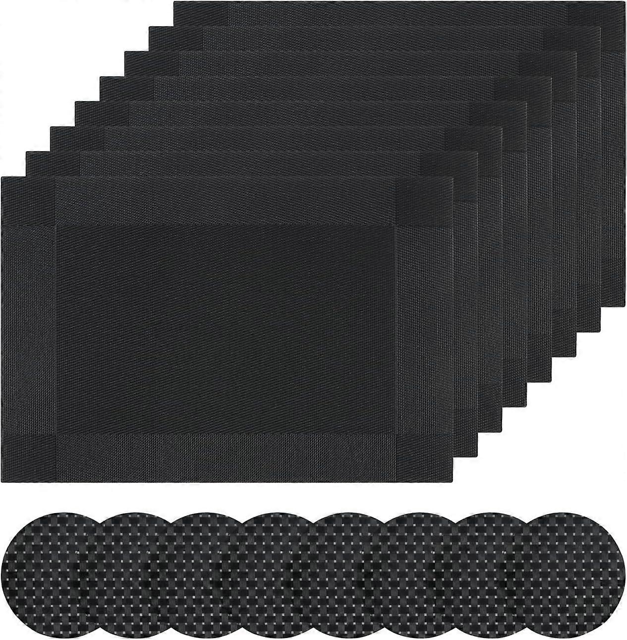Placemats e Coasters Preto Conjunto de 8 - Resistente ao Calor, Lavável