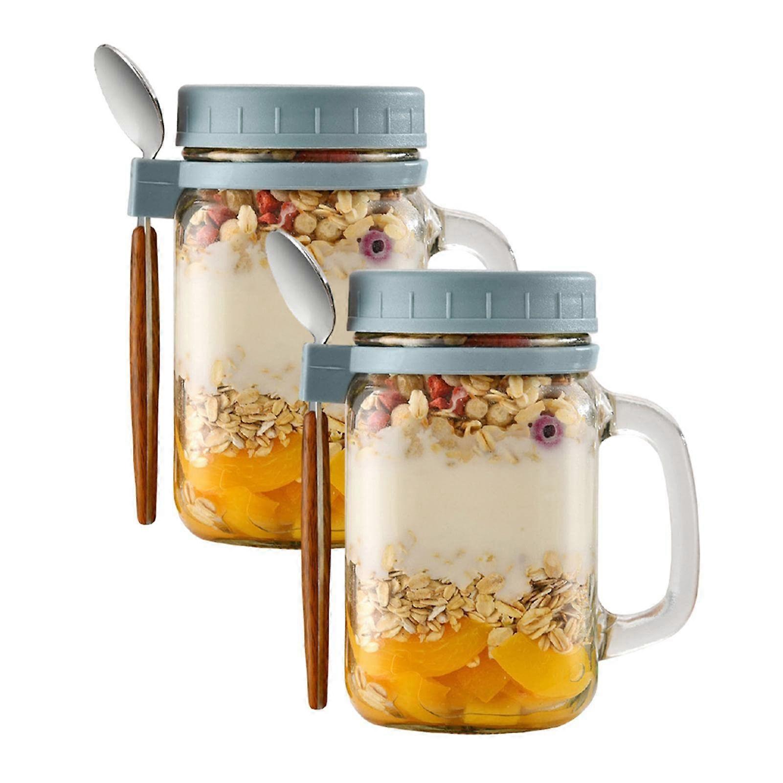 Yogurt Container 2Pack 480ml Glass Jars for Overnight Oats, AntiScald with Lids and Spoons, Breakfast Cups