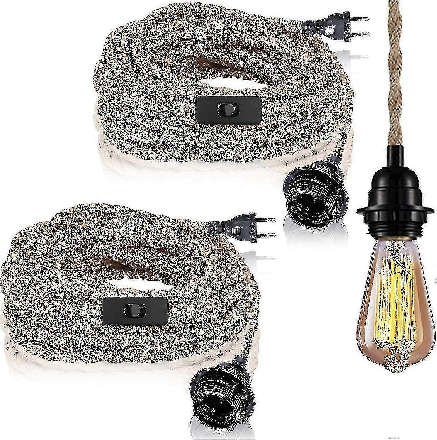 2 Pack Pendant Lights With Switch Hemp Rope 4.5m Cable E27 Socket For Hall Kitchen Dining Table
