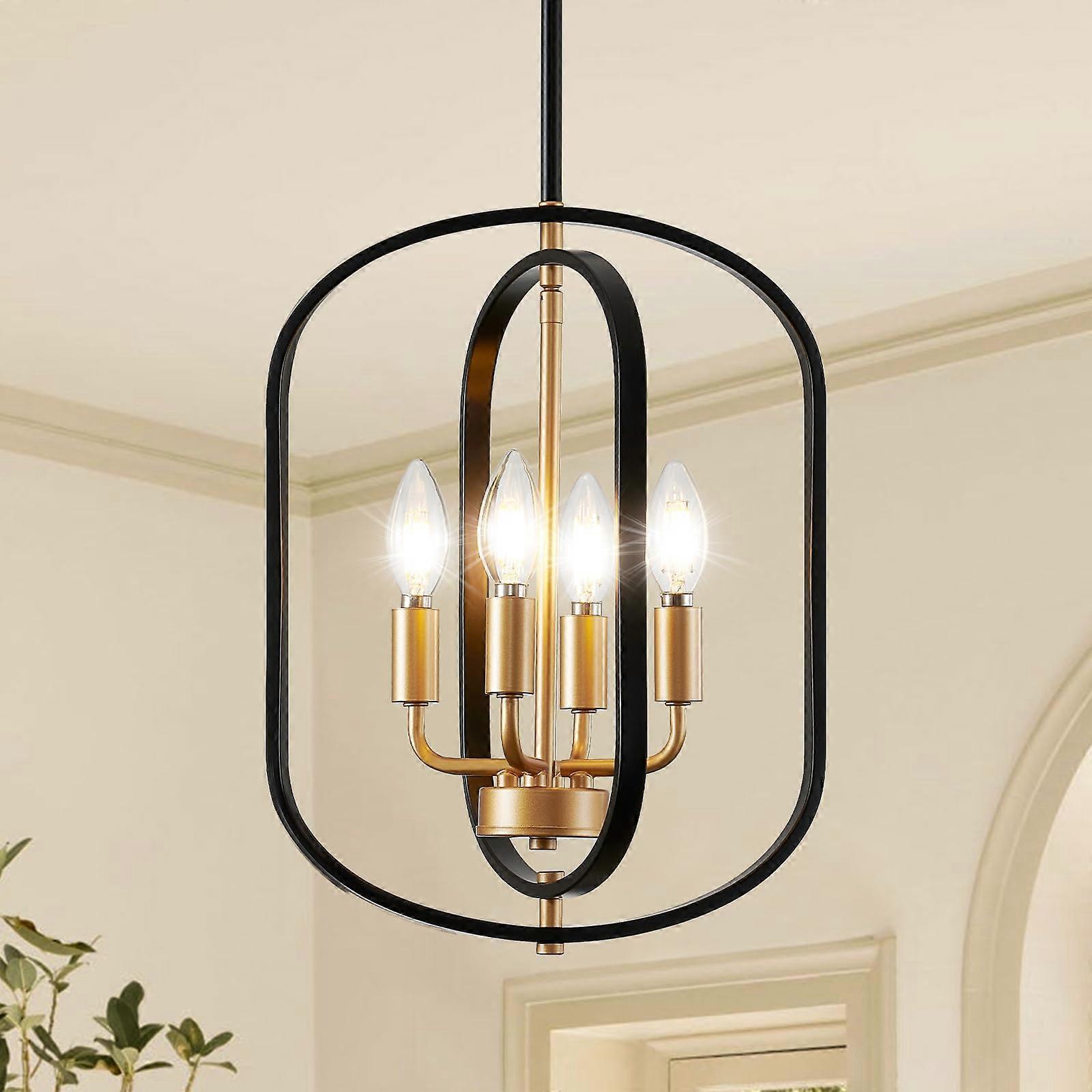 Black and Gold Chandelier for Dining Room, Modern Farmhouse Lantern Design, Adjustable 4Light