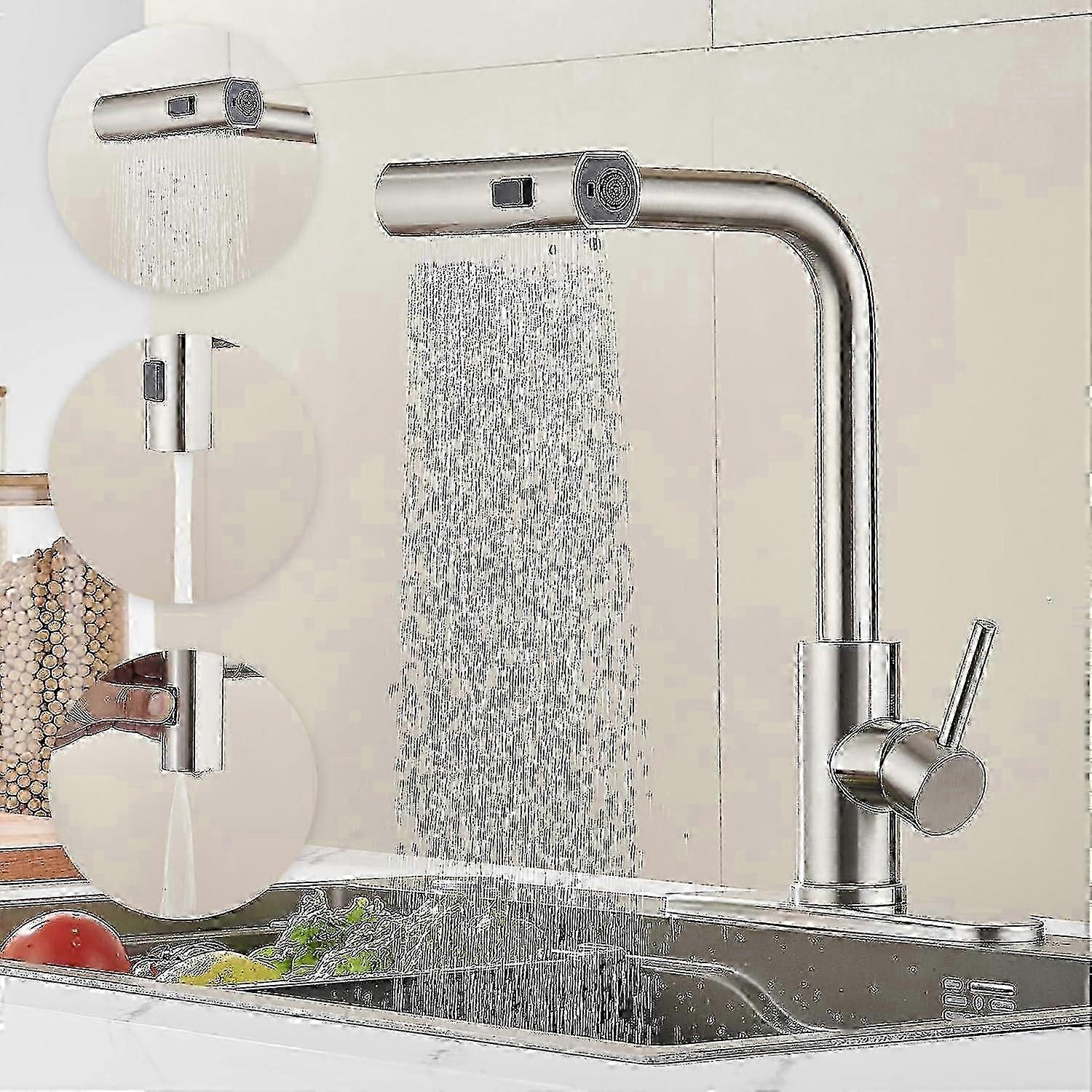 صنبور المطبخ مع بخاخ منسدل ، صنابير بالوعة مطبخ من الفولاذ المقاوم للصدأ تعمل باللمس شلال أسود ، صنابير تجارية حديثة بمقبض واحد