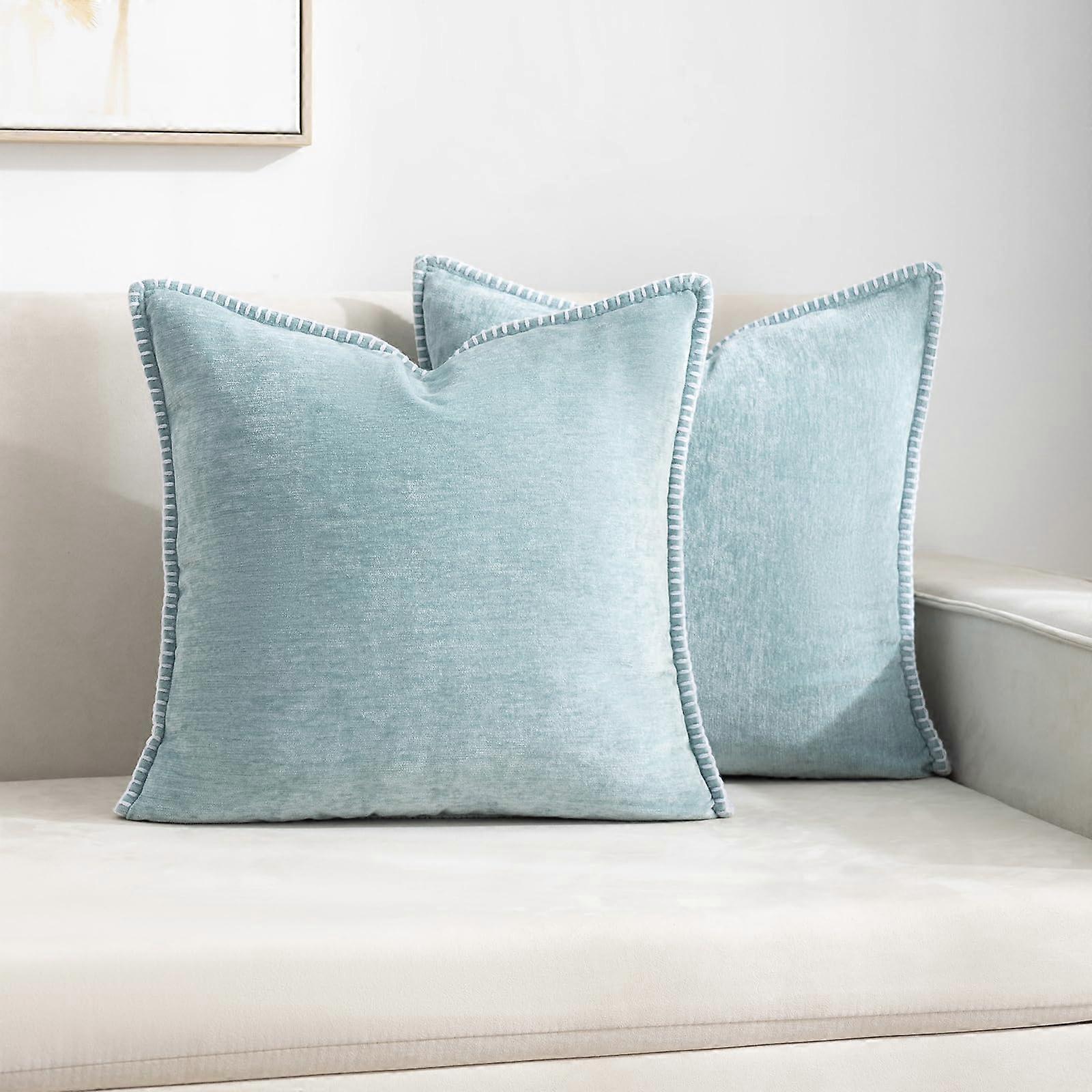 Chenille Pillow Covers 18x18 Pack of 2 with Luxurious Texture Farmhouse Style for Sofa Bed Blue