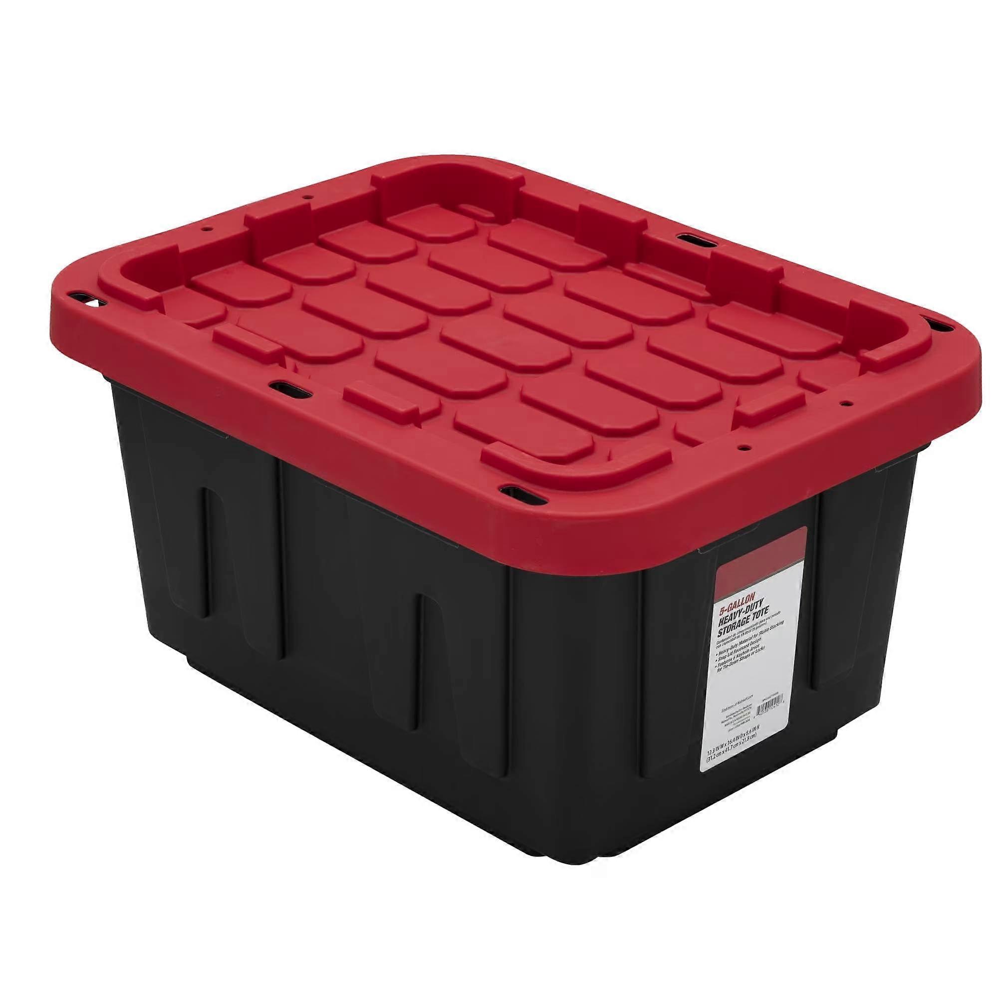 5 Gallon Stackable Plastic Storage Bin with Secure SnapOn Lid, Black and Red, Set of 2