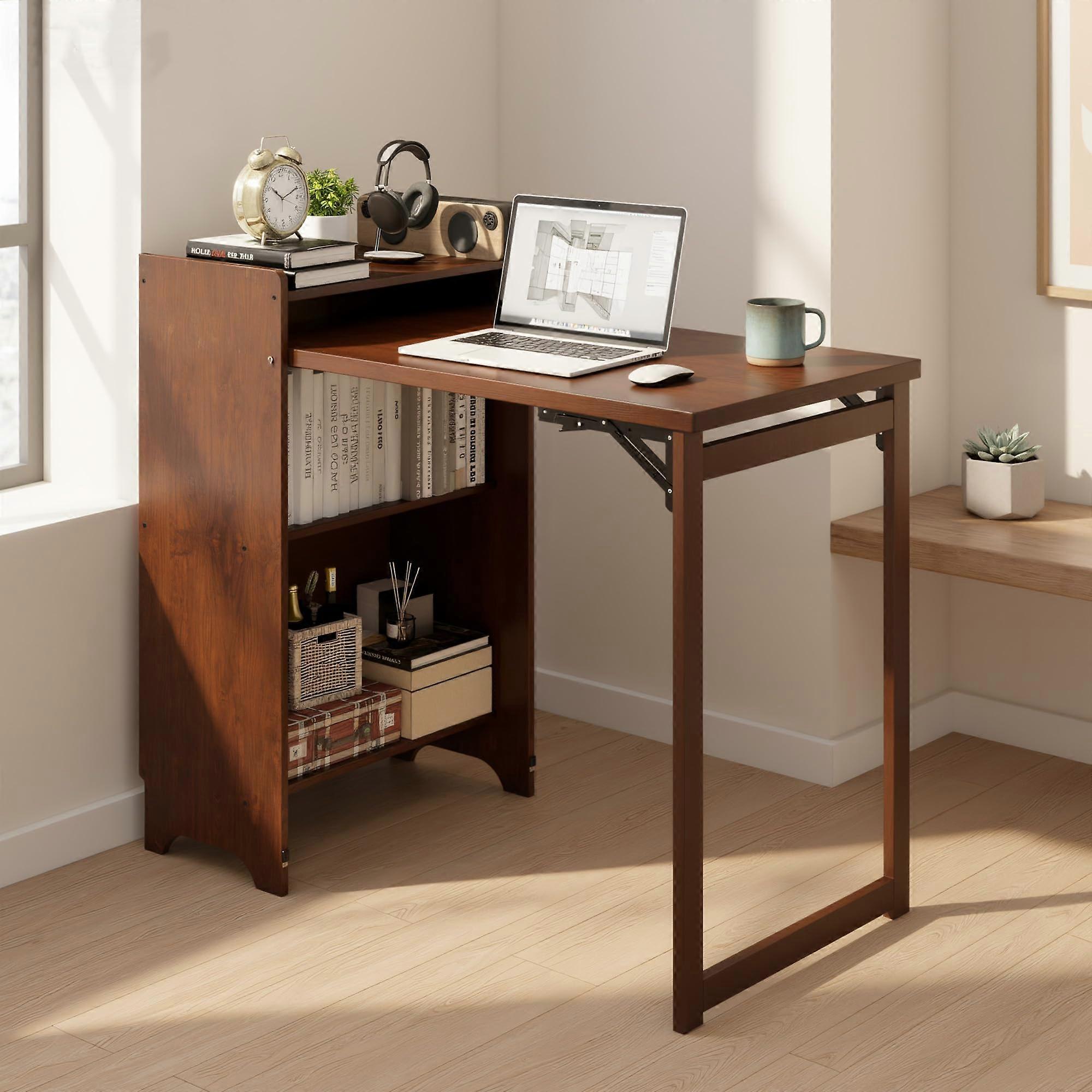Folding Computer Desk Bamboo with Storage SpaceSaving Writing Table for Small Home Office Brown