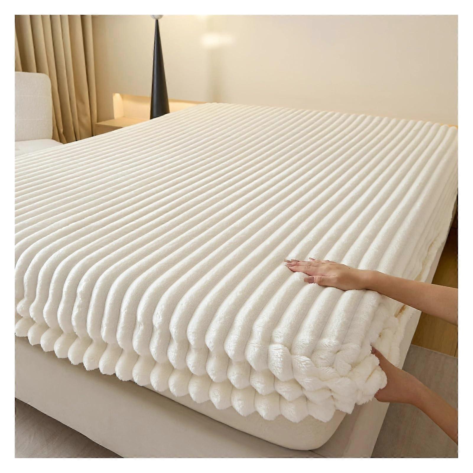 Velvet Fitted Sheet Queen Size White Plush Mattress Protector 150x200cm Soft Warm Breathable