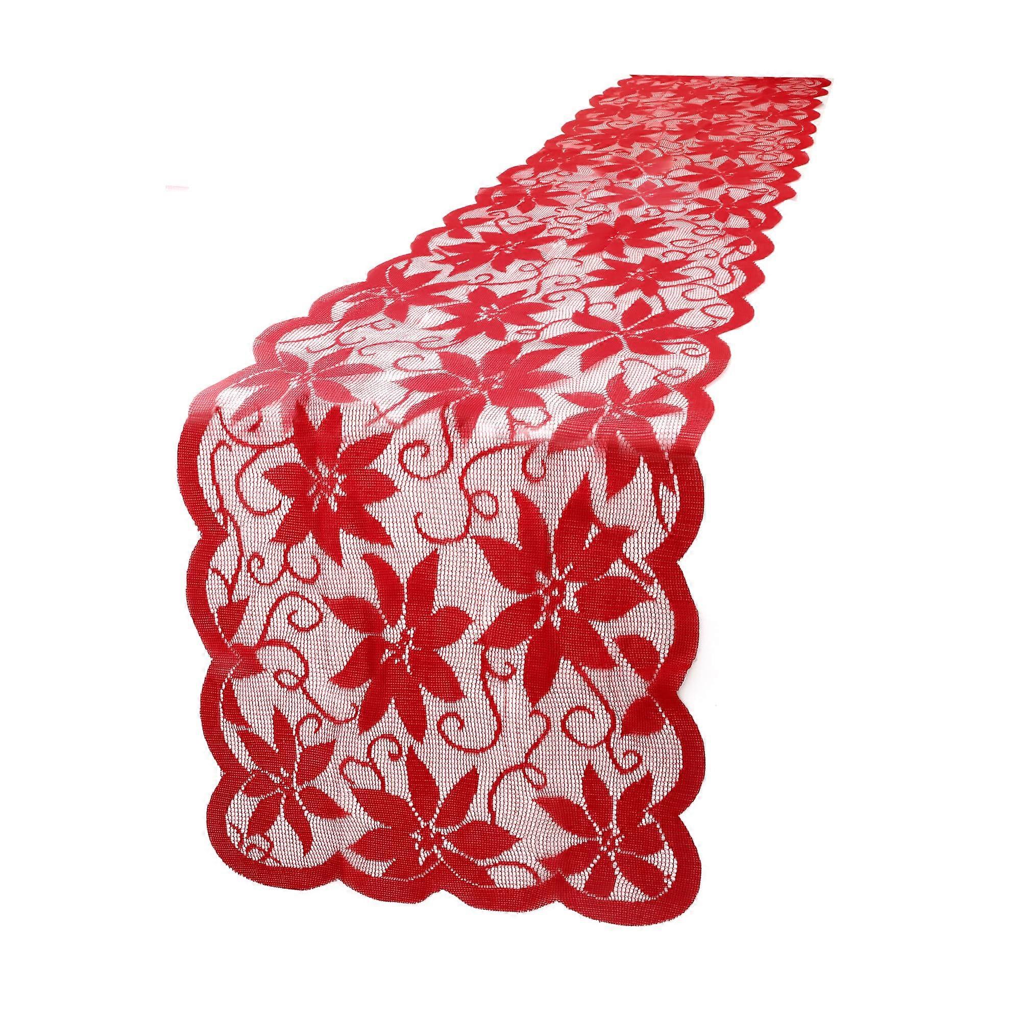 Christmas Lace Table Runner 13 x 72 Inches with Festive Red Leaf Design for Holiday Dining Table