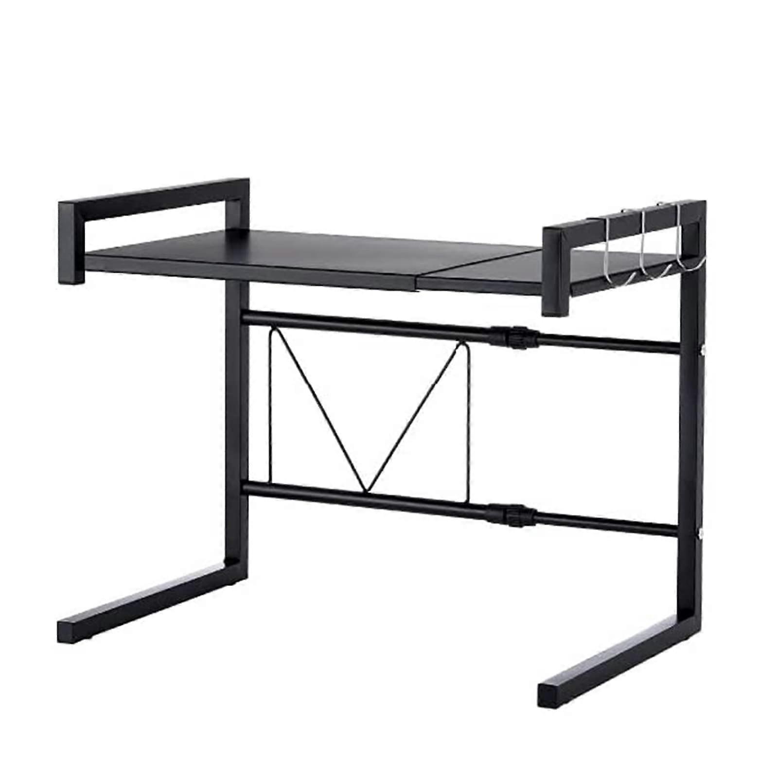 Microwave Oven Rack Adjustable 2 Tier Metal Shelf with Hooks for Kitchen Countertop Storage