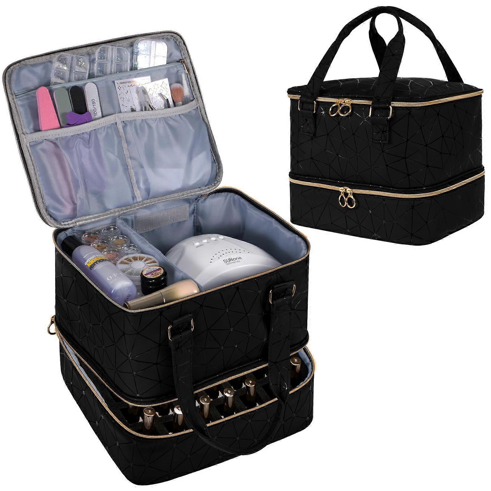 Large Capacity Nail Polish Organizer Bag with Secure Bottle Grids, Waterproof PU Storage Case