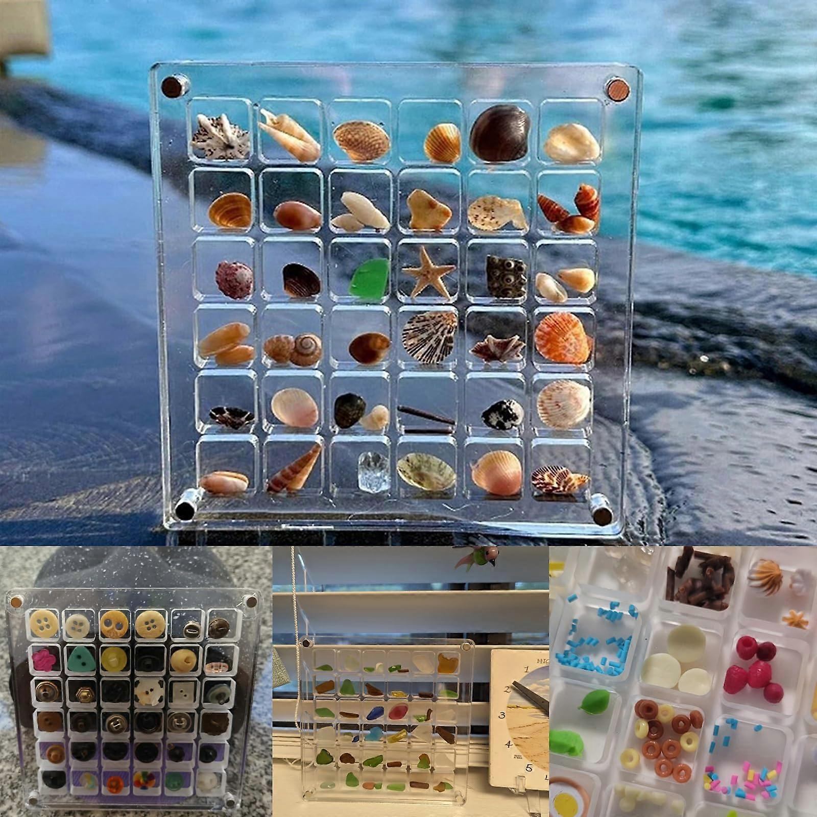 Acrylic Storage Box with Magnetic Closure, Clear Stackable Organizer for Seashells Jewelry Beads 36 Grid