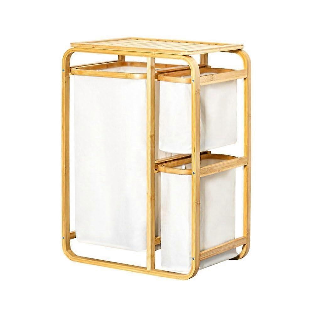 3 Compartment Laundry Hamper with Shelf, Bamboo Frame Basket with Removable Drawers for Bathroom