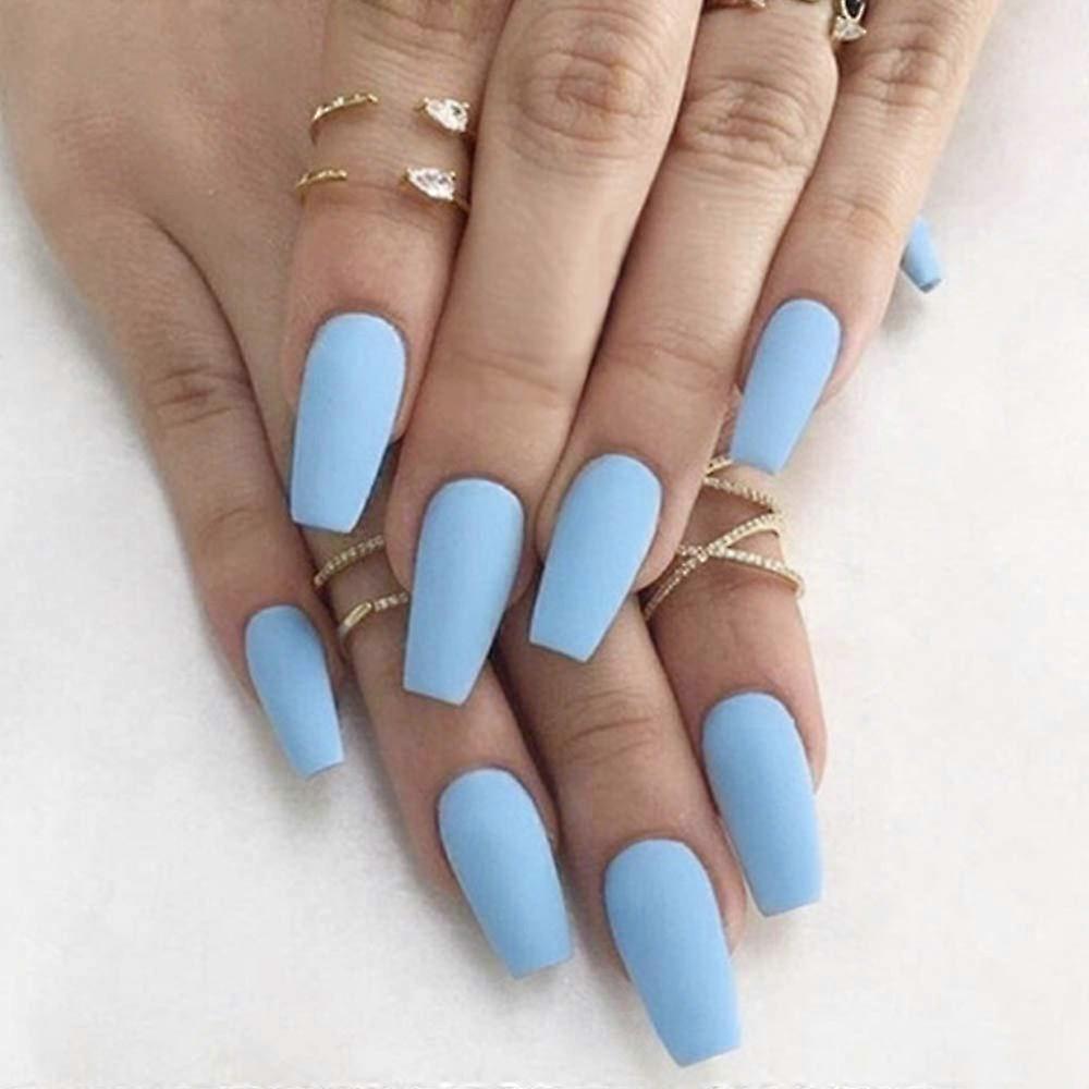 Matte Light Blue Coffin Press On Nails Medium Long Full Coverage Durable Acrylic False Nails