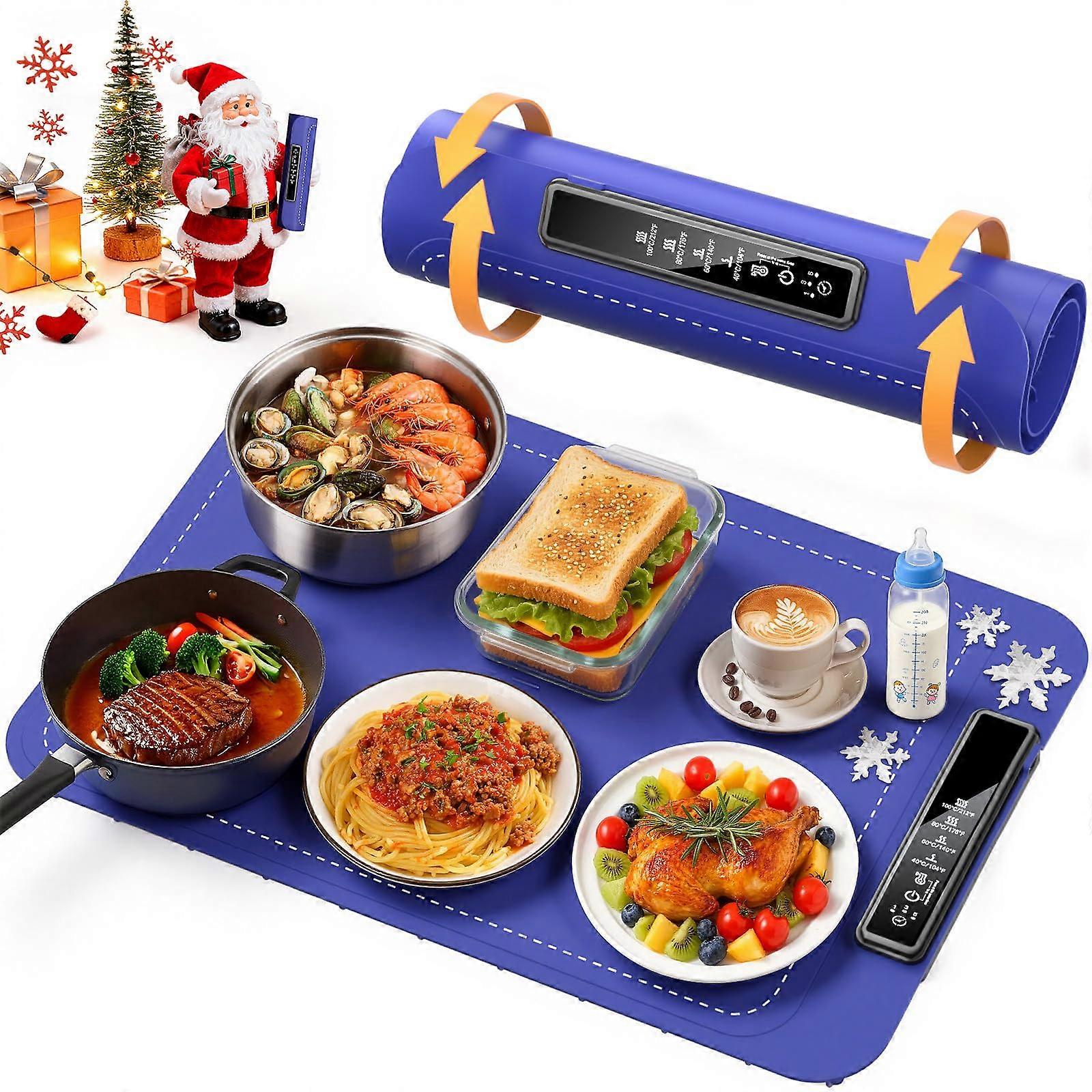 Food Warming Mat with Fast Even Heating, Adjustable Temperature Control, RollUp Silicone Electric Tray, Blue