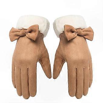 Women's Winter Cycling Gloves, Khaki Suede, Touch Screen, Warm & Comfortable for Outdoor