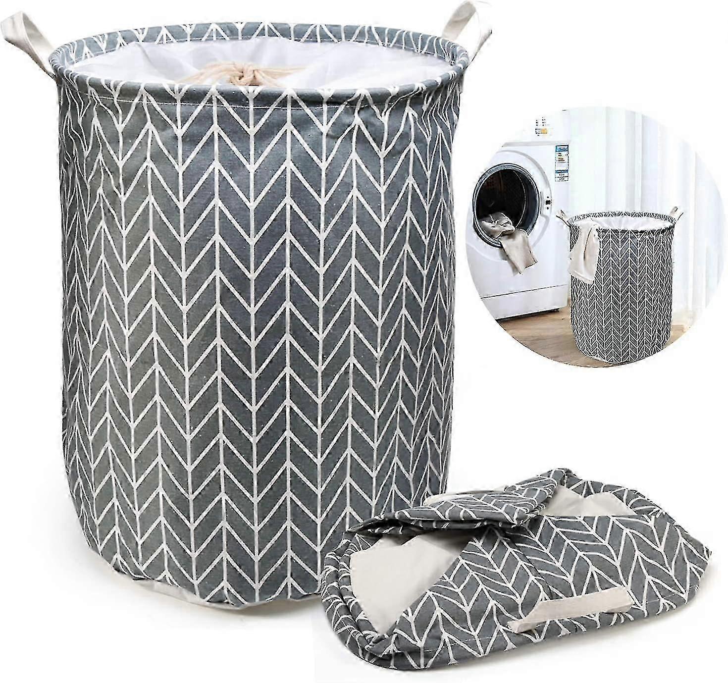 Collapsible Drawstring Laundry Bag, Large Foldable Storage Basket for Clothes, Gray