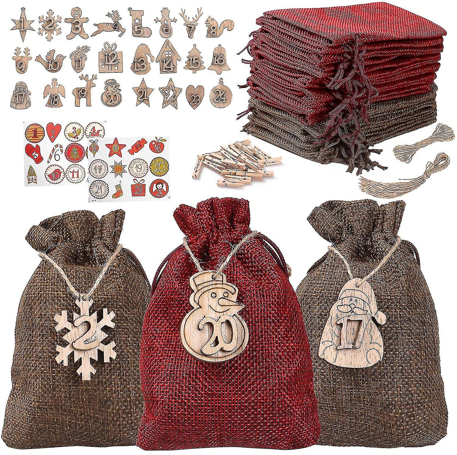 24pcs Advent Calendar Bags For Filling,24 Clips And 10m Jute Cord