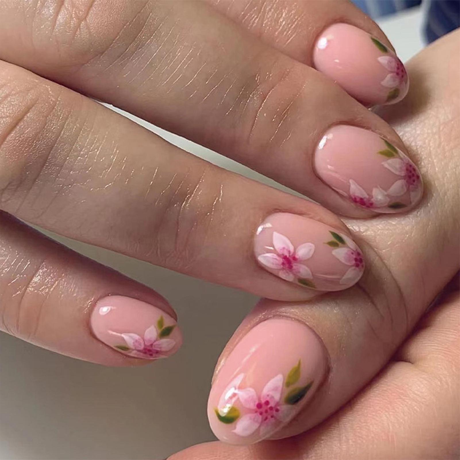 Flower Printed Pink Almond False Manicure Durable & Never Splitting Com