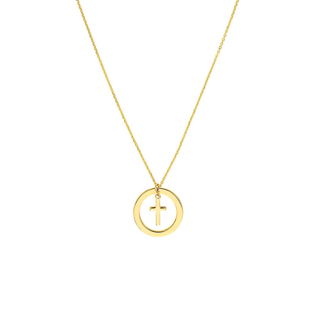 Colar ajustável de 45 cm (18 polegadas) em ouro amarelo 14k com pingente de cruz religiosa vazada em círculo.