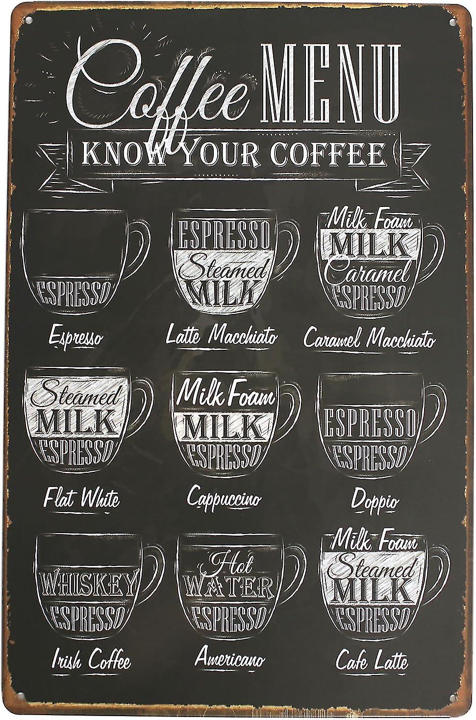 Targa In Metallo Coffee Menu – Scritta Divertente In Inglese – Decorazione Da Parete Per Cucina, Bar, Garage – 20x30 Cm