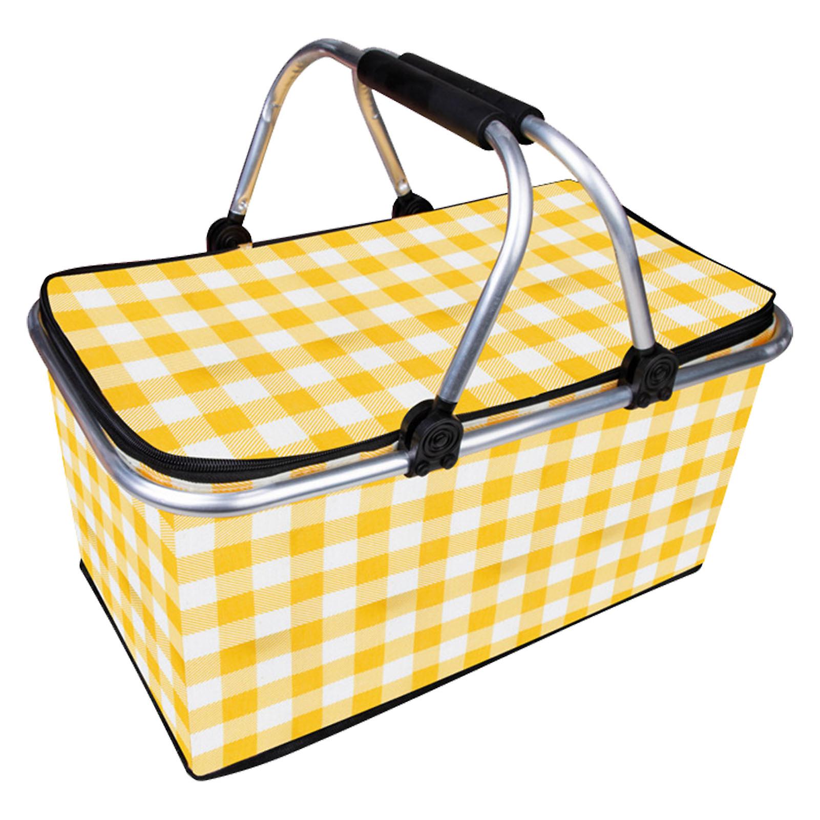 Picnic Basket Foldable Oxford Cloth Insulated Storage Basket with Check Pattern for Picnic Camping Yellow Ordinary