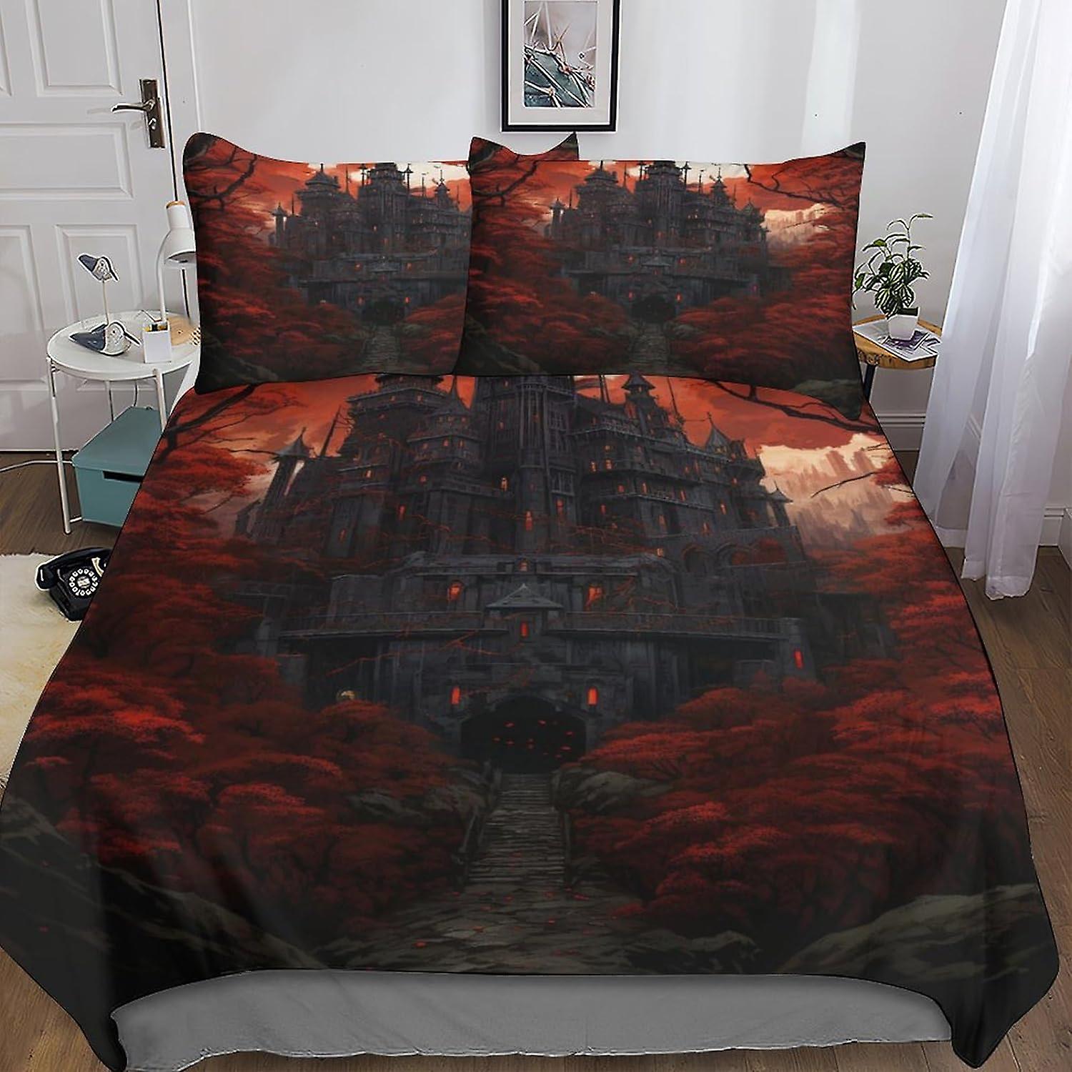 VCLUST Dark Castle Drukowany zestaw pościeli Zestaw poszewek na kołdrę Drukowana w 3d przerażająca architektura Poszewka na kołdrę 3 sztuki dla dzieci Nastolatki Chłopcy Poszewka na kołdrę z zamkiem błyskawicznym