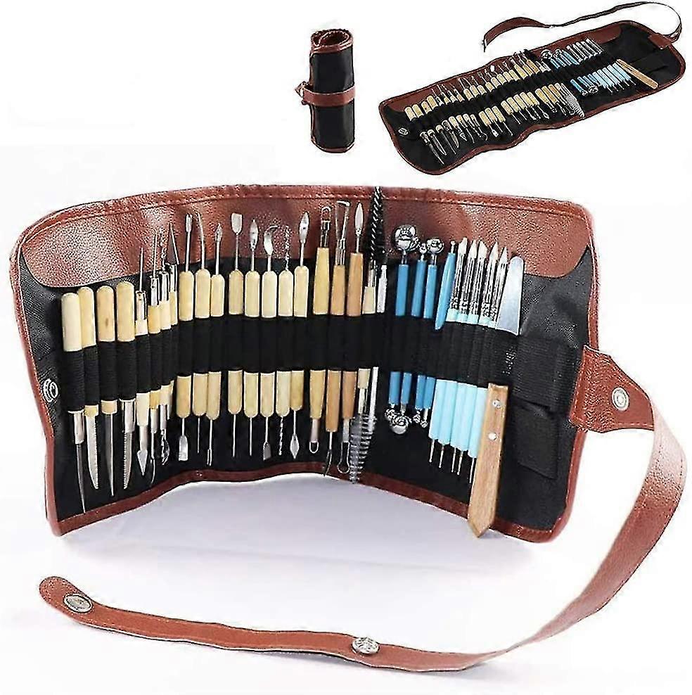 31 Pieces Carving Tools Set With Roll Up Case, Wooden Pottery Sculpting Tools 22 Pieces + Ceramic Clay Indentation Tools