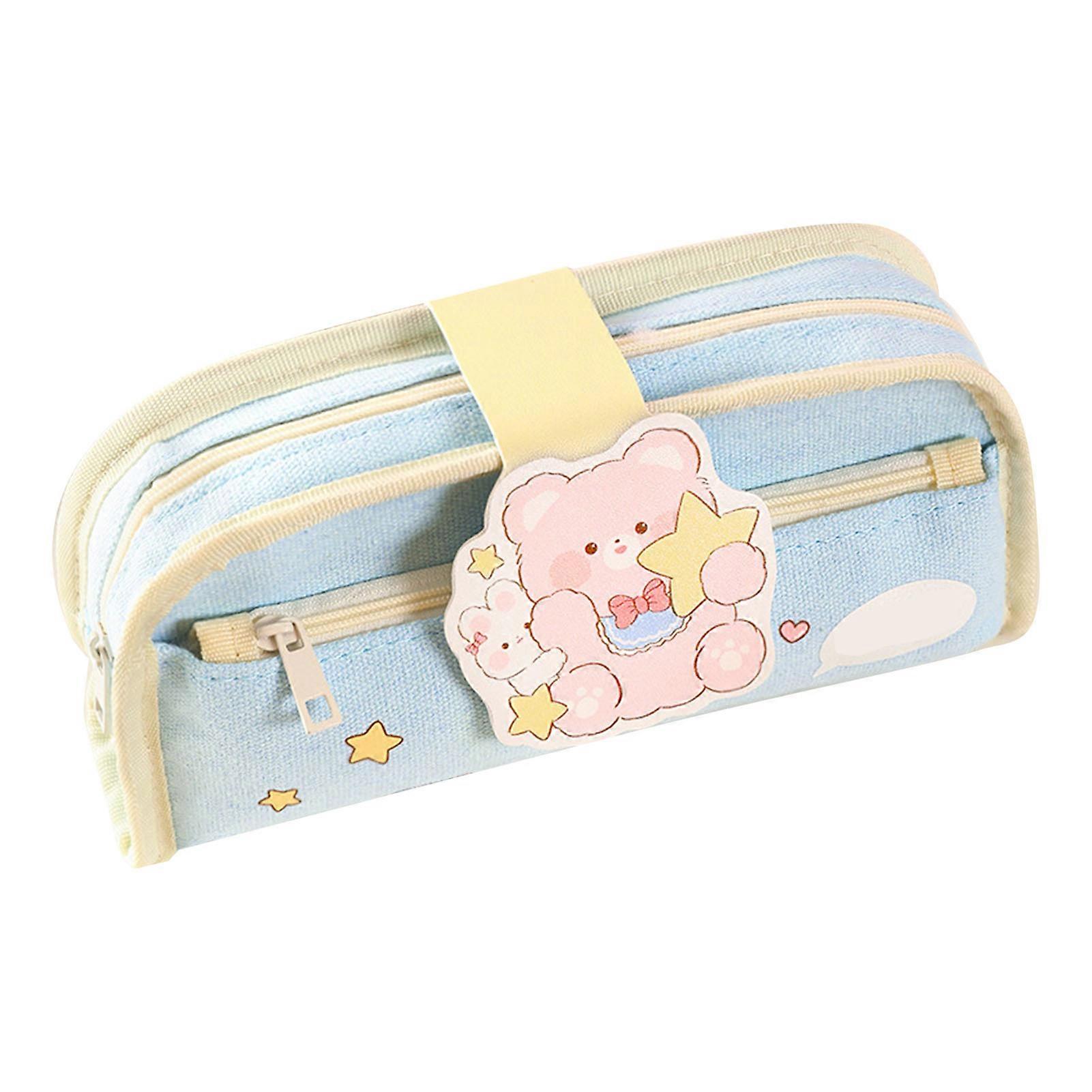 Cute Pencil Bag Double Layer Large Capacity Canvas Stationery Pen Case for Students Blue