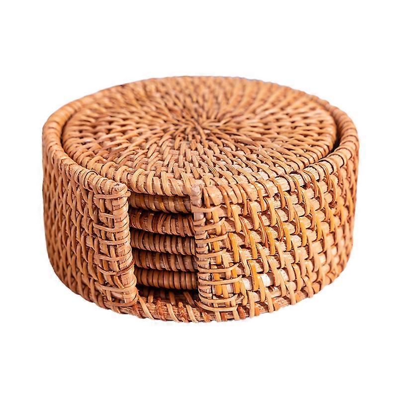 Rattan Coasters with Holder Storage Box Handmade Tea Cup Round Edge Coasters for Kitchen Table Drinks Crafts