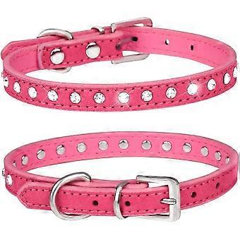 Stylish and Sparkling Suede Leather Collar with 1 Row of Rhinestones for Small Pet, Cat, Dog, Puppy (S, Hot Pink)