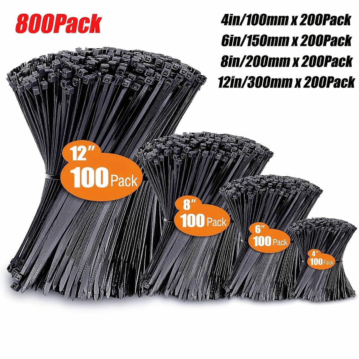 Zip Ties Assorted Sizes(4"+6"+8"+12"), 800 Pack, Black Cable Ties, UV Resistant Wire Ties