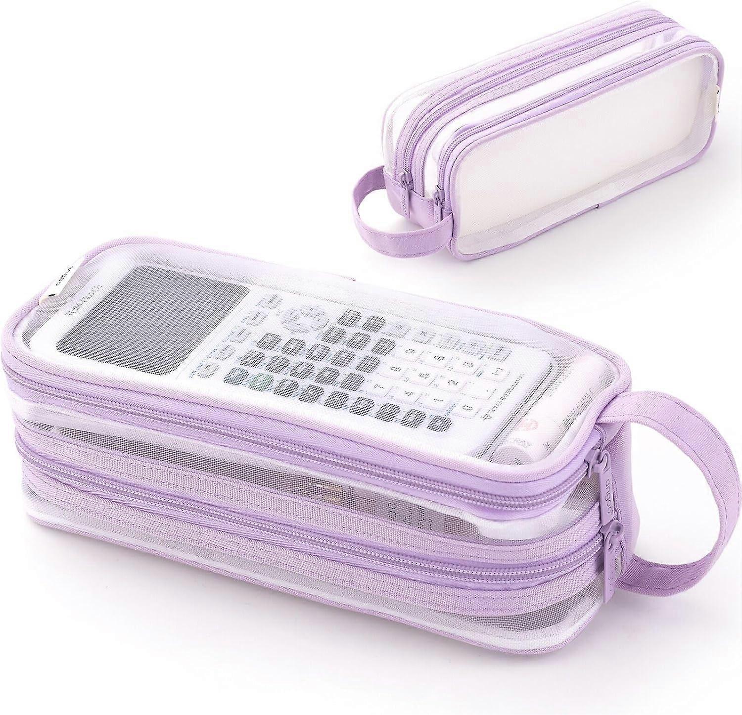 Grand Mesh Mesh Étui à crayons 2 compartiments Étui à crayons Transparent Handheld Multifonctionnel Étui à crayons Violet transparent