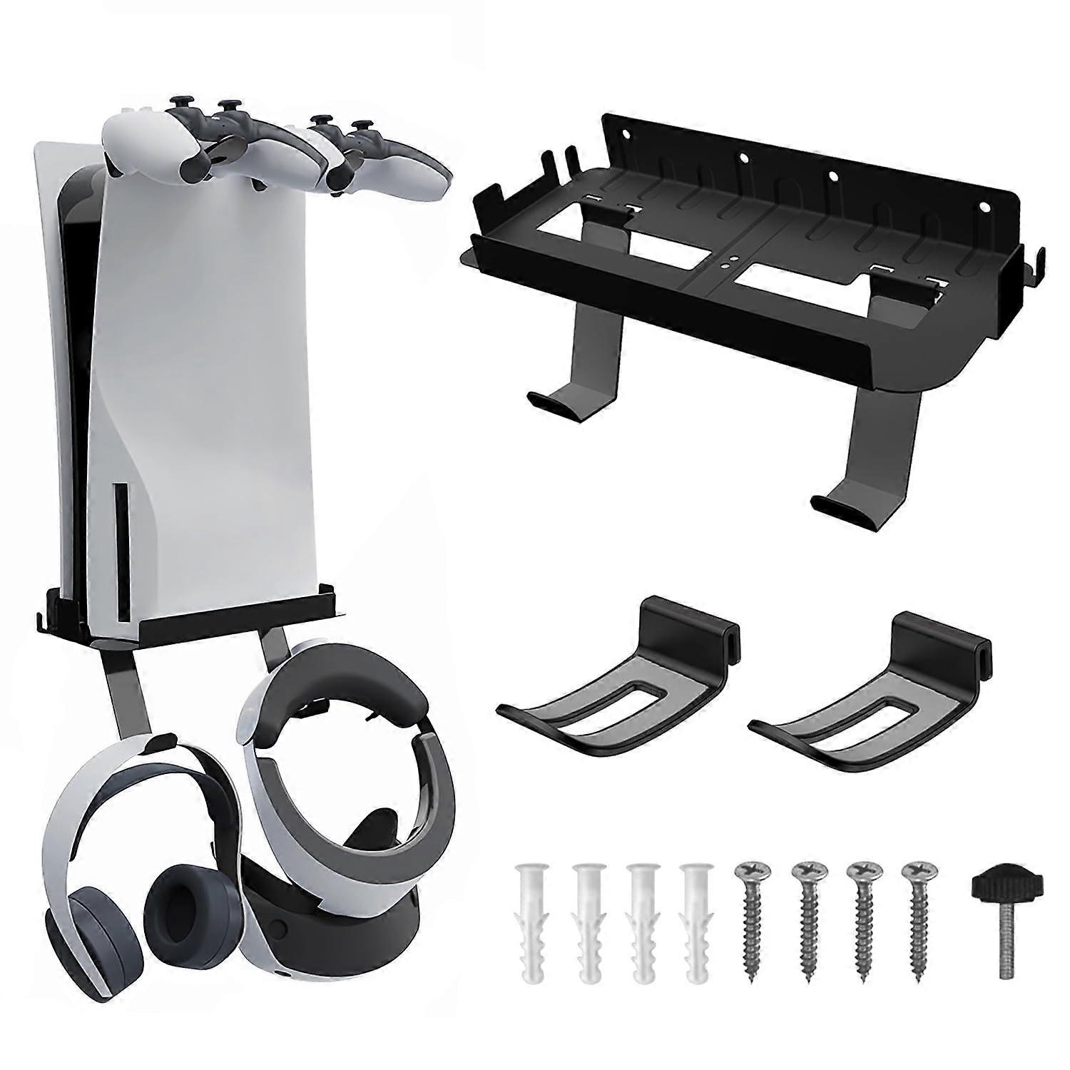 PS5 Wall Mount Kit Compatible with PS5 Digital/Disc Edition, With Hooks to Store VR Glasses, Headset, PS5 Controllers