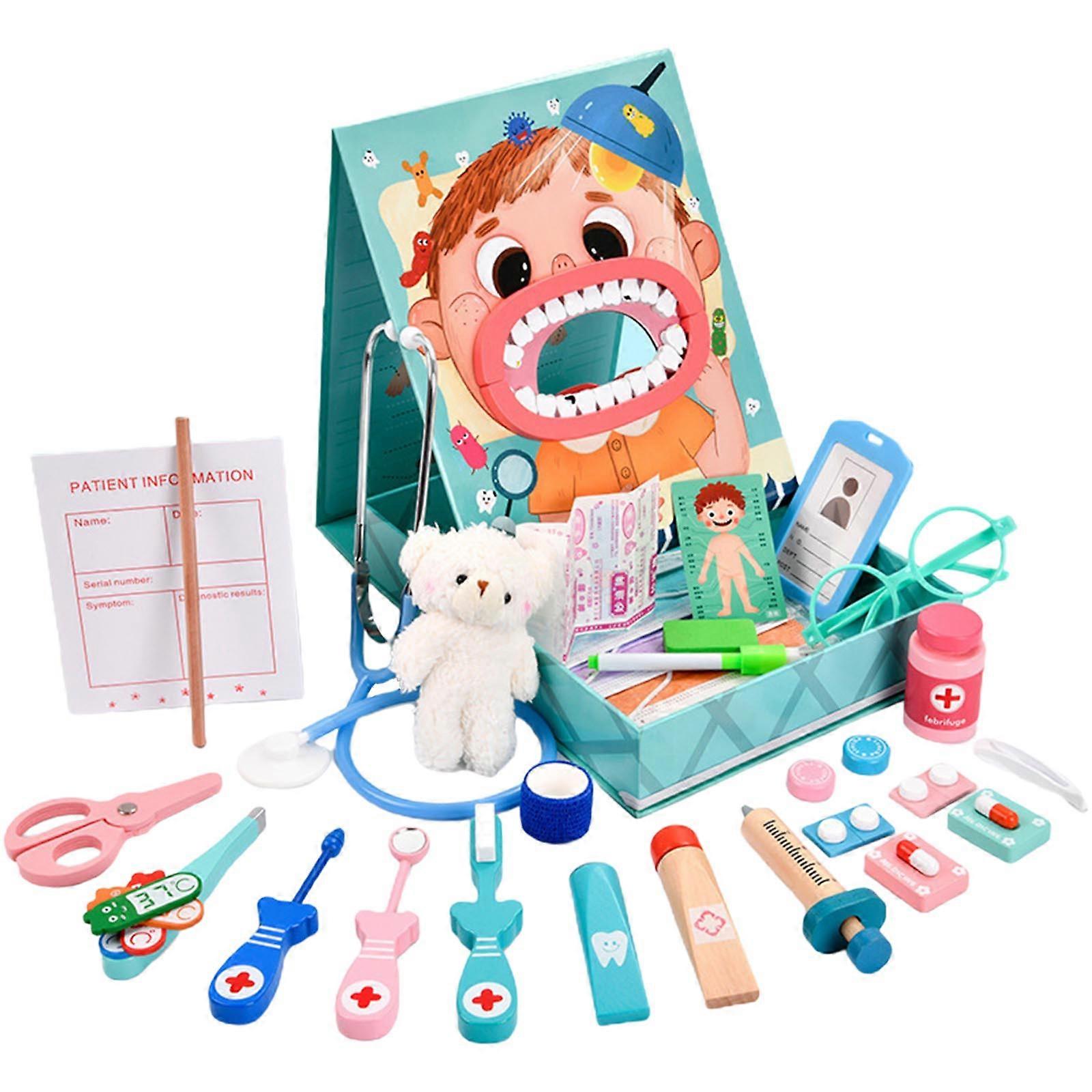Wooden Doctor Kit for Kids Dentist Playset Toy Medical Kits Pretend Role for Pla