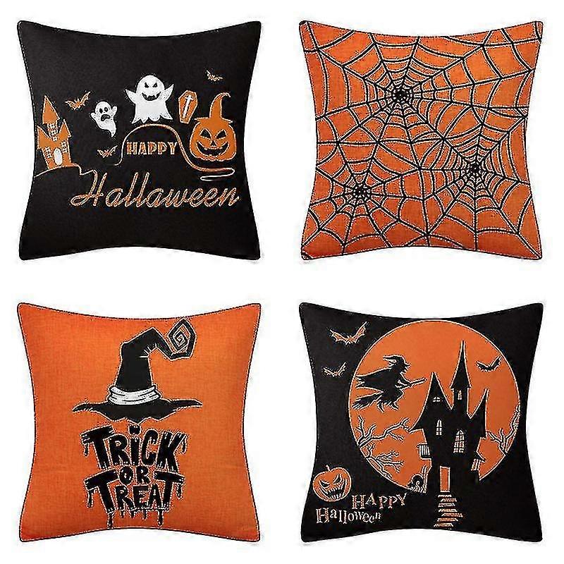 Halloween Pillow Cover, Happy Halloween Linen Sofa Bed Throw Cushion Cover Decoration(4pcs, Black Orange)