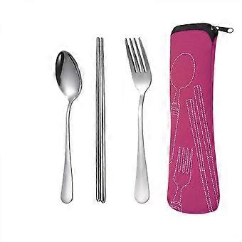 Set di posate da 3 pezzi Forchetta, cucchiaio, bacchette, stoviglie in acciaio inossidabile antiruggine Stoviglie con custodia per il trasporto in campeggio in viaggio Lavoro da picnic
