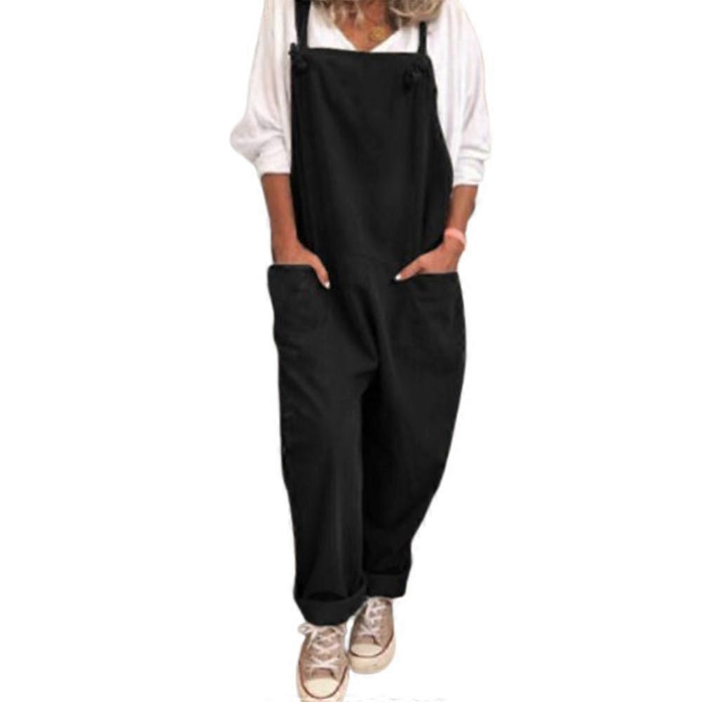 Womens Plain Dungarees Overalls Pockets Sleeveless Trouser Casual Jumpsuit Plus Size