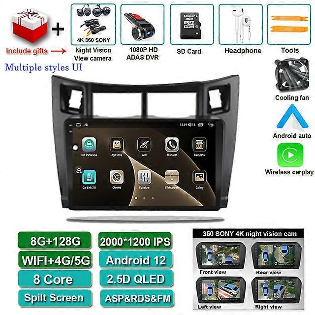 360 kam Kablosuz Carplay Android auto Android 12 ForToyota Yaris 2005-2012 Araba Radyo Multimedya Video Oynatıcı Navigasyon QLED IPS