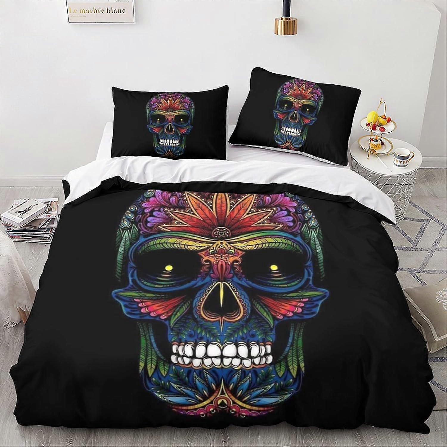 Schedel beddengoed Set in stukken met dekbedovertrek en kussensloop, Microfiber, zware metalen Art digitale Print D King