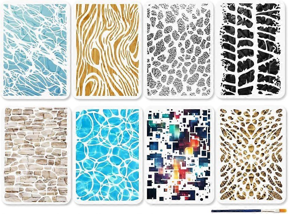 8 Styles Texture Background Stencils 11.7x8.3inch Mixed Media Art Stencil for Craft Marble Crackle Painting Templates with Paint Brush for Floor Wall