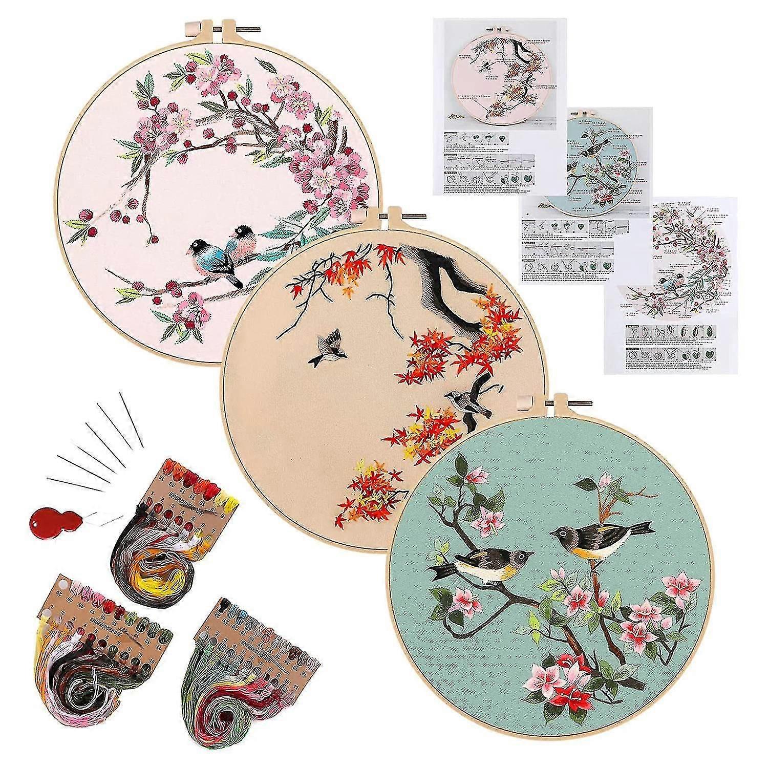 Embroidery Kit For Beginners, Kits For Adults Include 3 Embroidery Cloth With Birds Pattern
