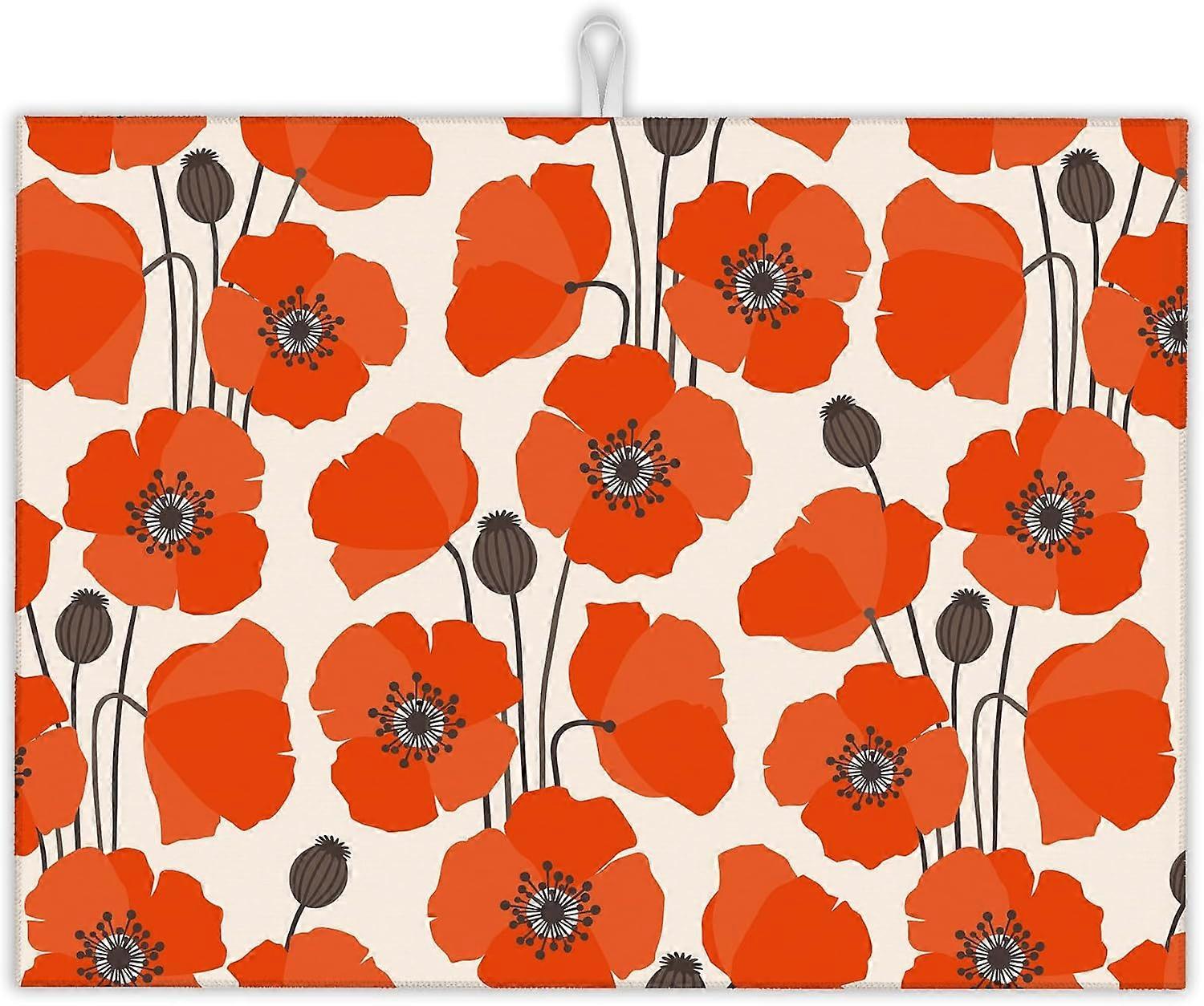 Red Poppy Flowers Drying Mat, Absorbent Microfiber Kitchen Countertop Mat, Decorative and Functional, 18x24 Inches