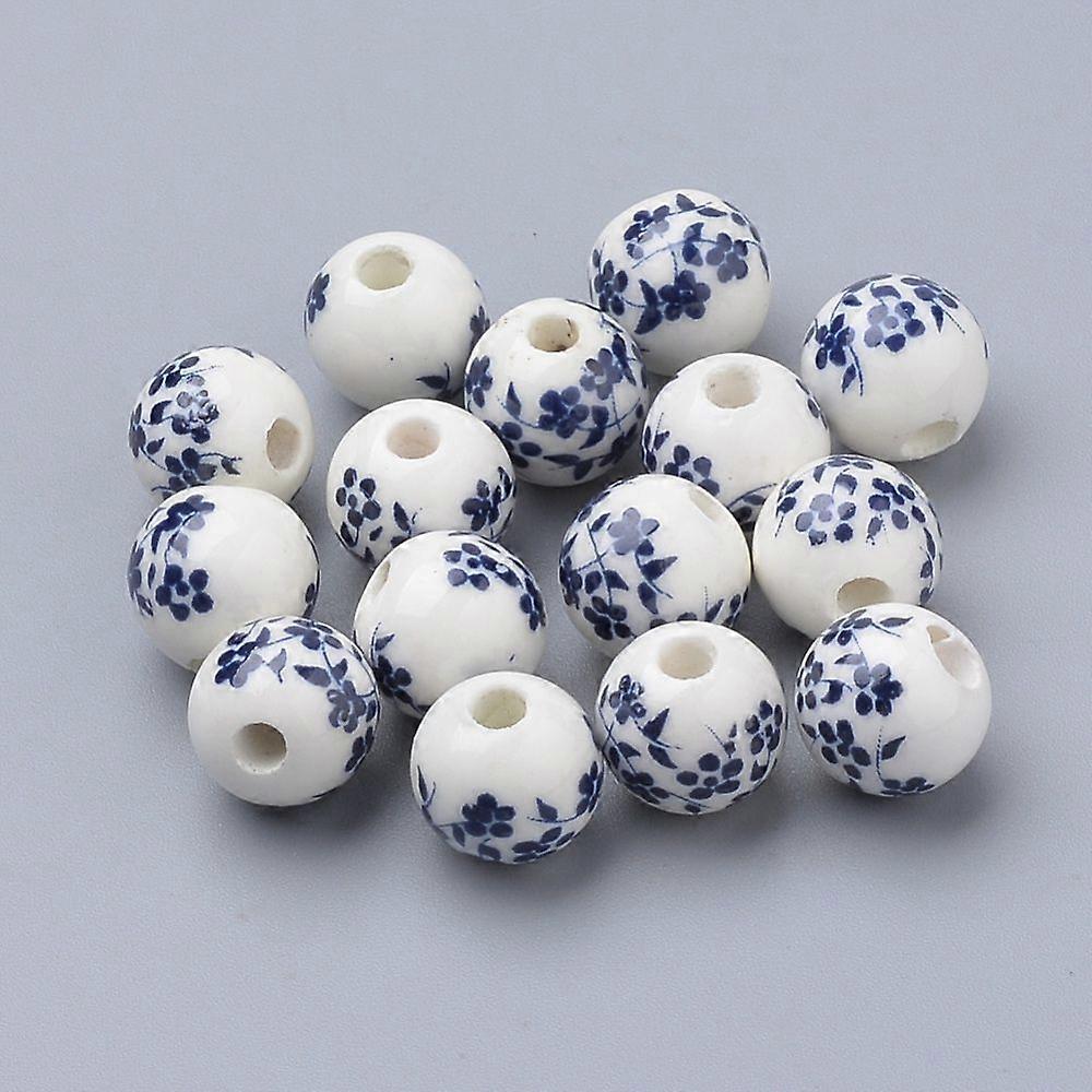 200pc Handmade Printed Porcelain Beads Round Prussian Blue 8mm Hole: 2mm