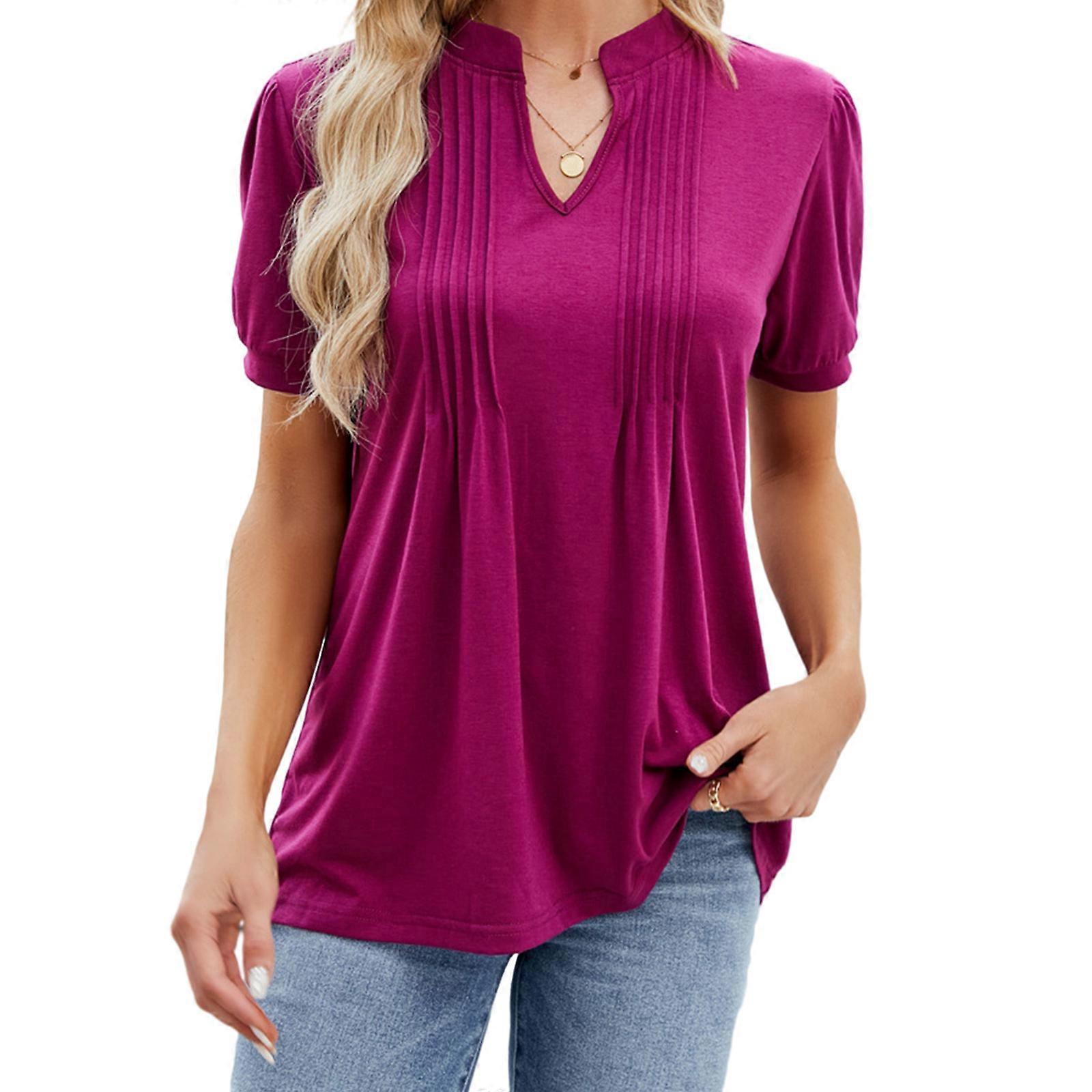 חולצת טריקו קפלים לנשים בנות קיץ מזדמן למעלה שרוולים קצרים V צווארון חולצת טריקו רופף חולצה מזדמן קיץ טיז מתנות XL בורדו