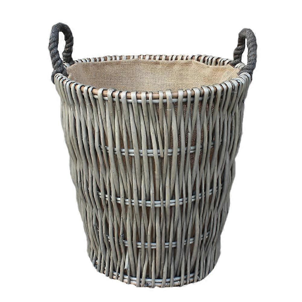 Tall Grey Round Hessian Lined Wicker Log Basket