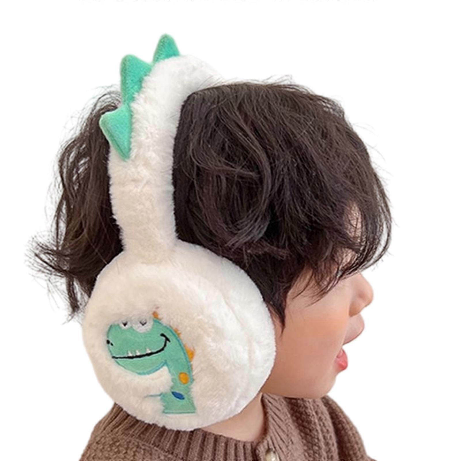 Children Foldable Ear Warmers Lovely Dinosaur Print Ear Muffs Soft Earmuffs Winter Accessory for Girls and Boys  White