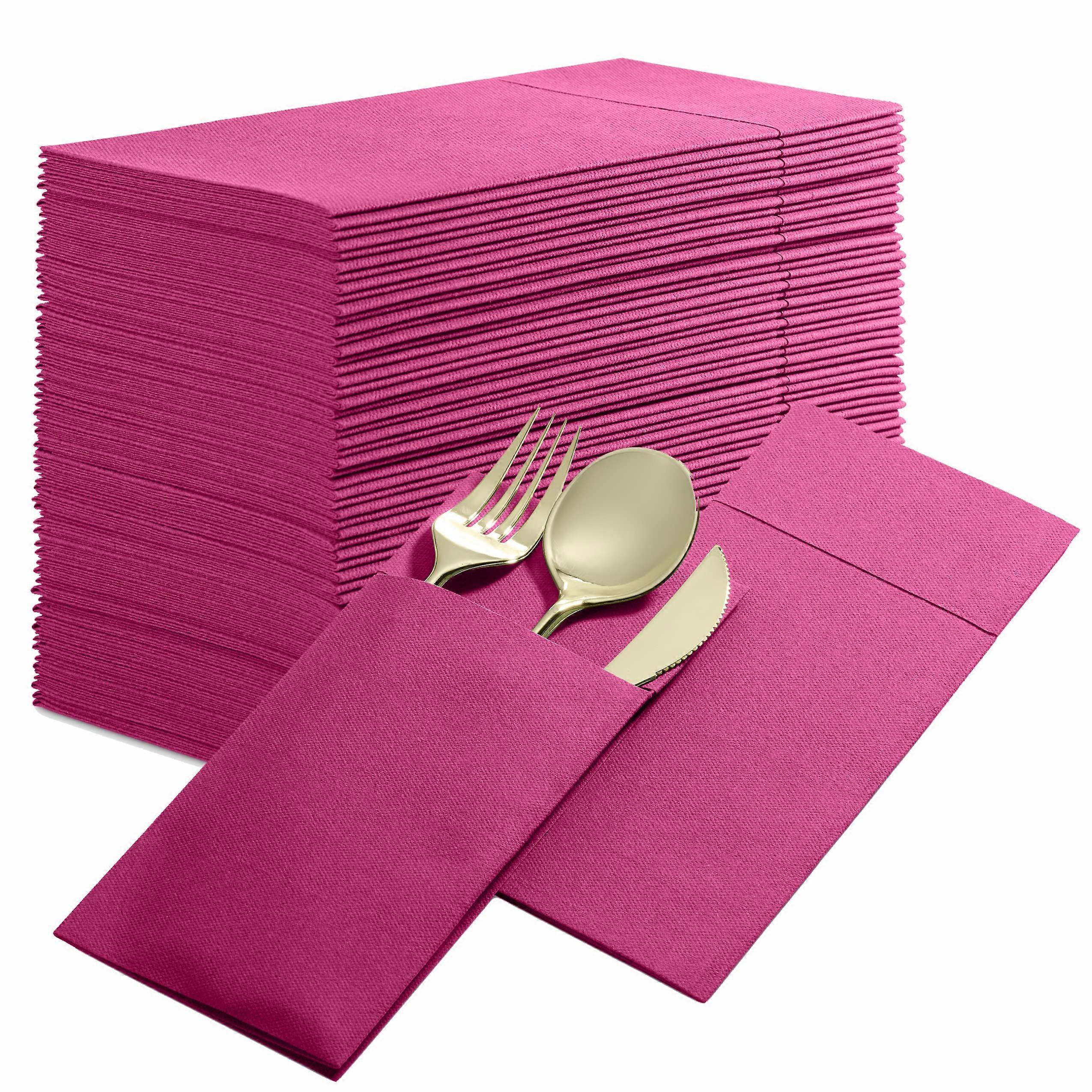50Pack Disposable LinenFeel Dinner Napk with Builtin Flatware Pocket, FUCHSIA